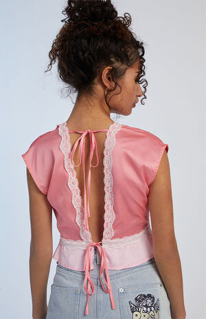 Satin Lace Trim Peplum Top image number 2
