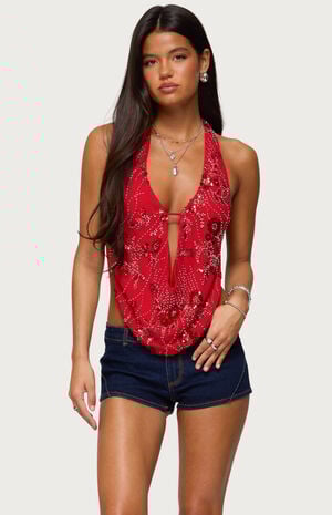 Beaded Chiffon Backless Cowl Neck Top image number 1