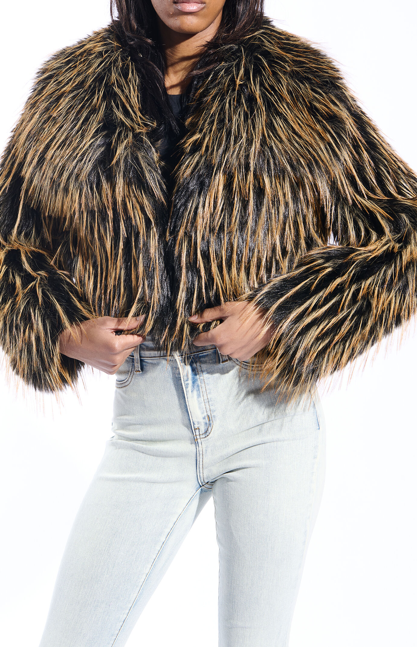AZALEA WANG Saoirse Brown & Black Cropped Faux Fur Jacket