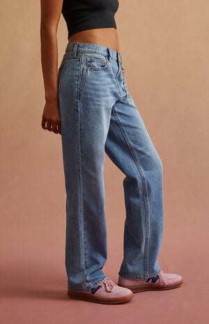 Light Blue Rhinestone Chain Low Rise Straight Leg Jeans image number 2