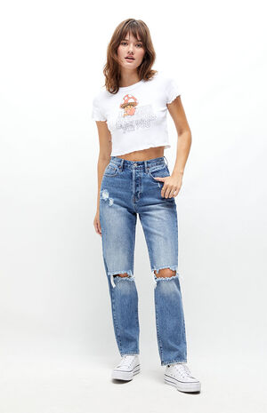 Eco Medium Blue Distressed Dad Jeans Eco Medium Blue Distressed Dad Jeans image number null