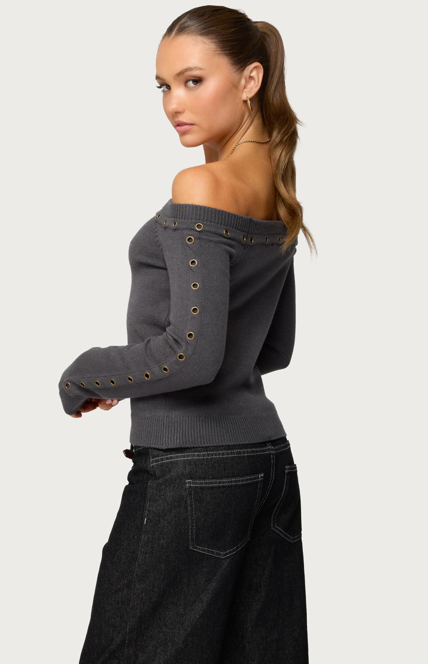 Edikted Morgen Grommet Off Shoulder Knit Top