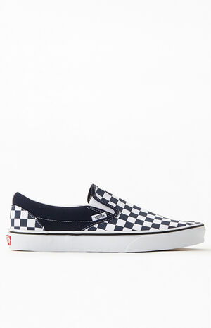 dark blue checkered slip on vans