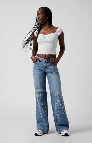 Casey Low Rise Baggy Jeans Frayed Flame Patch Medium Indigo image number 2