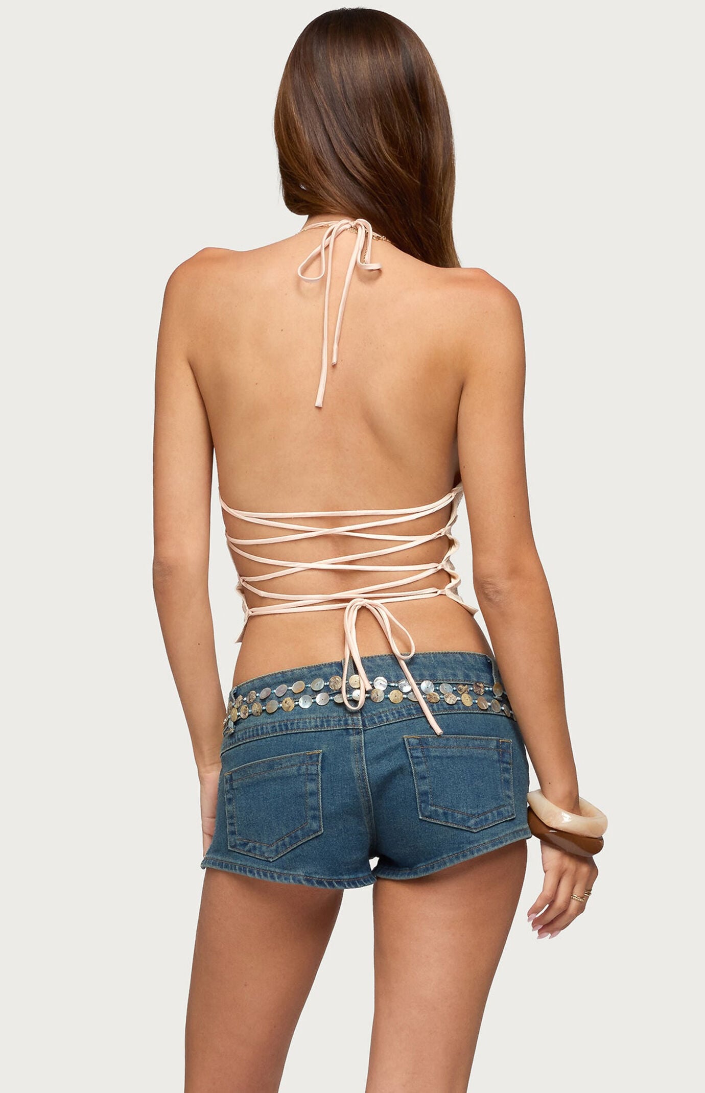 Edikted Catia Backless Sequin Mesh Halter Top