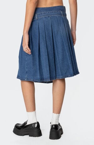 Belted Pleated Denim Midi Skirt image number 4