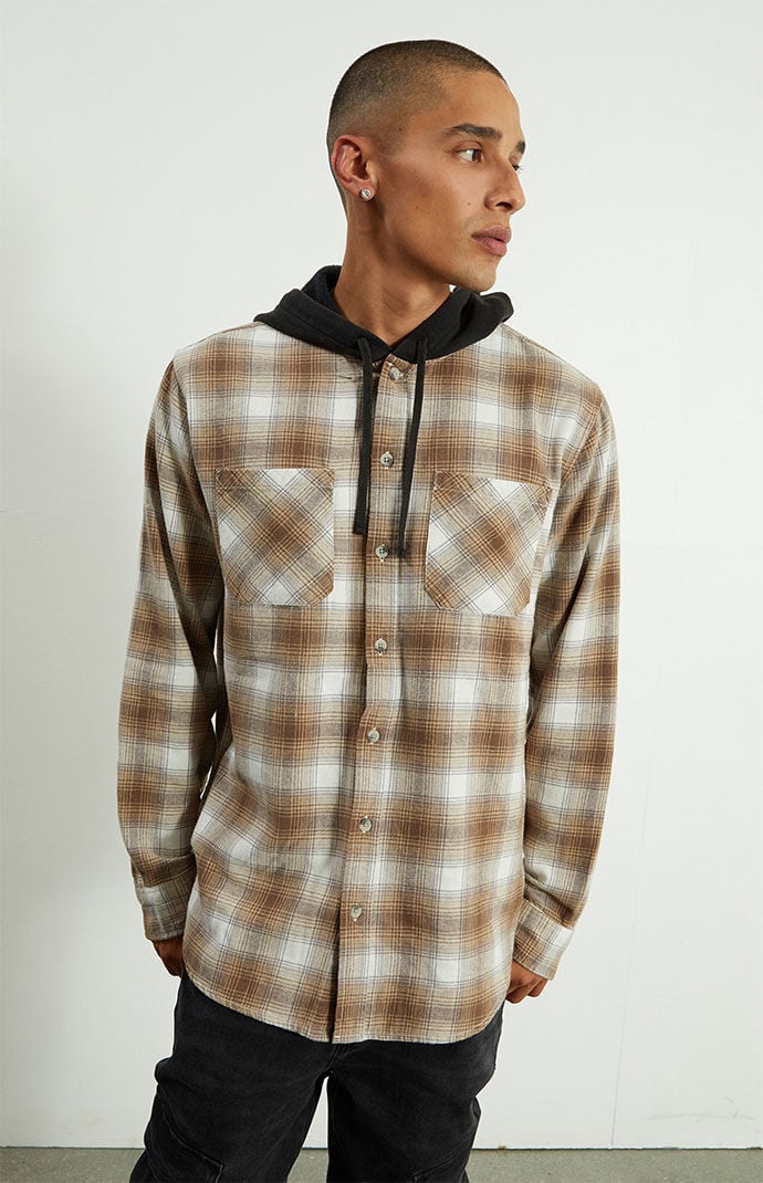 Pacsun plaid mix hooded long sleeve button up shirt 2025