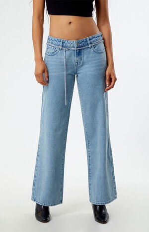 Eco Light Indigo Chain Belt Low Rise Wide Leg Jeans