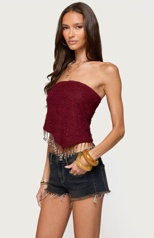 Textured Asymmetric Bead Fringe Strapless Top image number 2