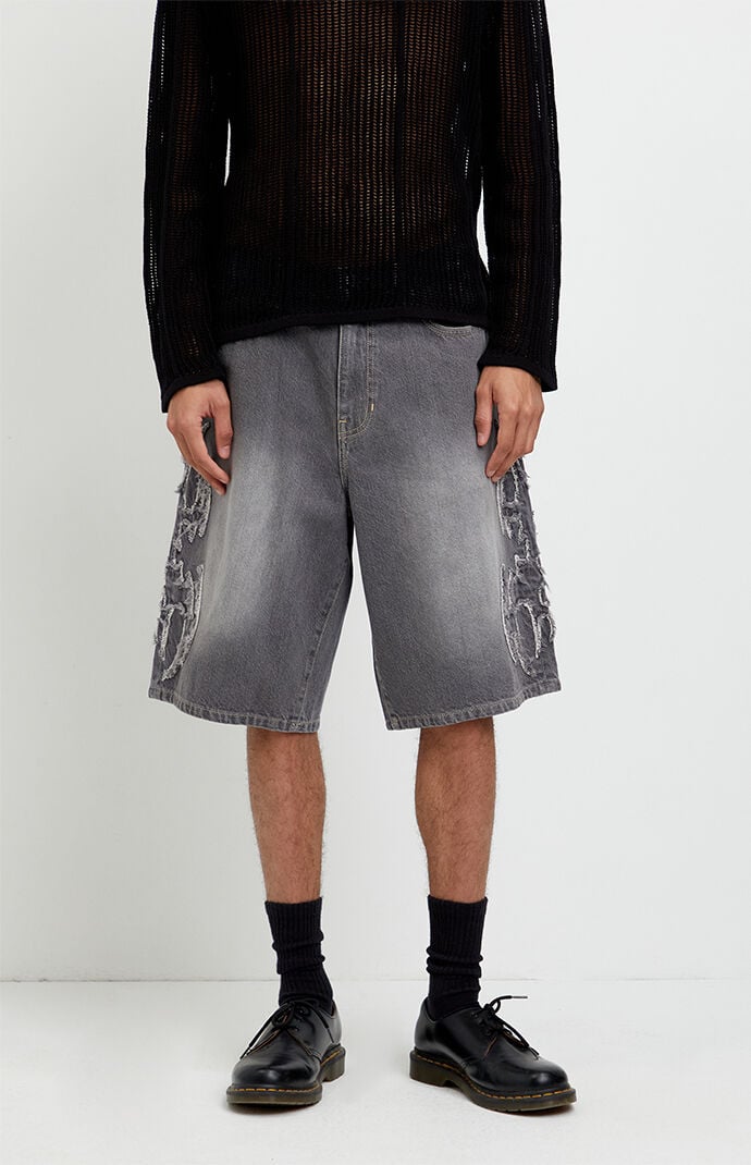 Pacsun Austin Extreme Baggy Jean Shorts Cyber Applique Faded Gray