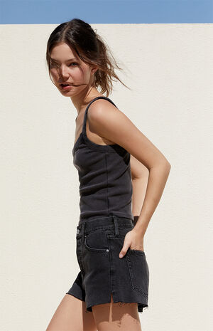 Black High Waisted Relaxed Denim Shorts image number 3