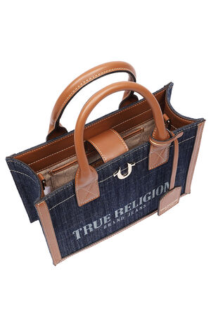 Modern Edge Denim and Faux Leather Tote Bag image number 6
