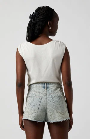 Light Indigo Rhinestone High Waisted Denim Festival Shorts image number 4