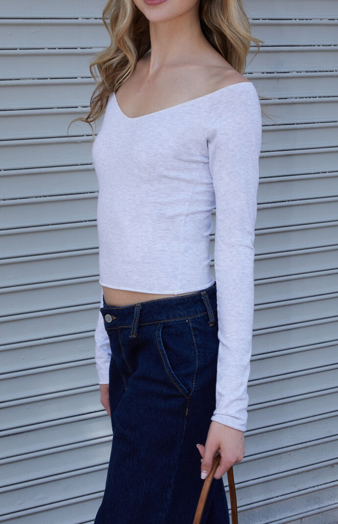 John Galt Silver Mayson V-Neck Off-The-Shoulder Long Sleeve Top