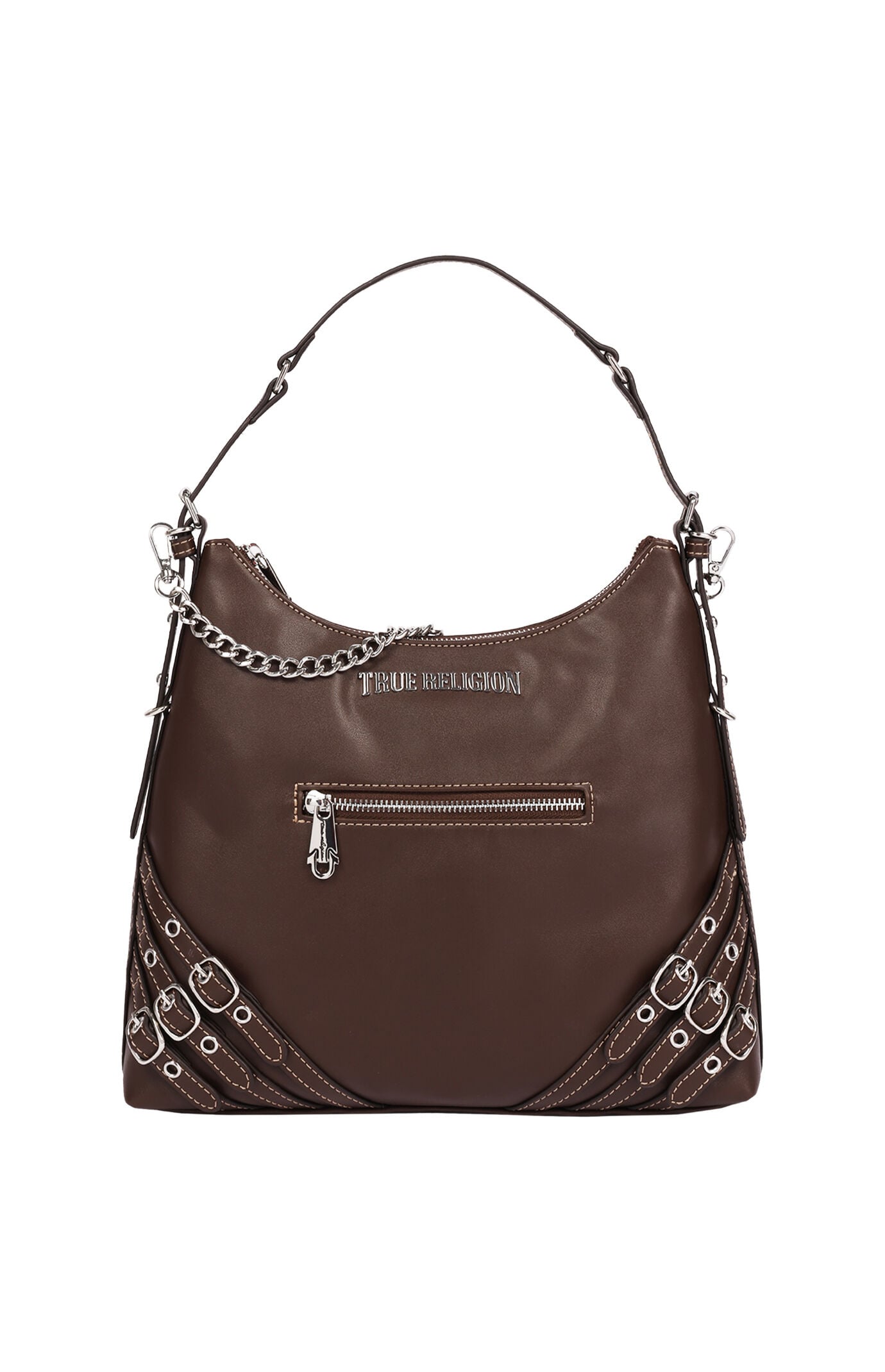 True Religion Chocolate Triple Straps Large Faux Leather Hobo Bag