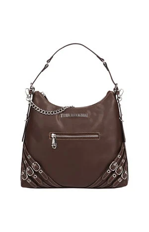 Chocolate Triple Straps Large Faux Leather Hobo Bag image number 1
