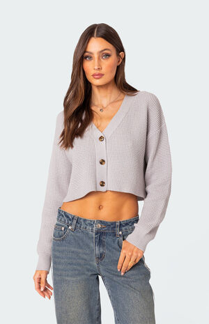 Oversized Waffle Knit Cropped Cardigan image number 1