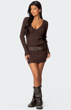 Ribbed Knit V Neck Mini Dress image number 5