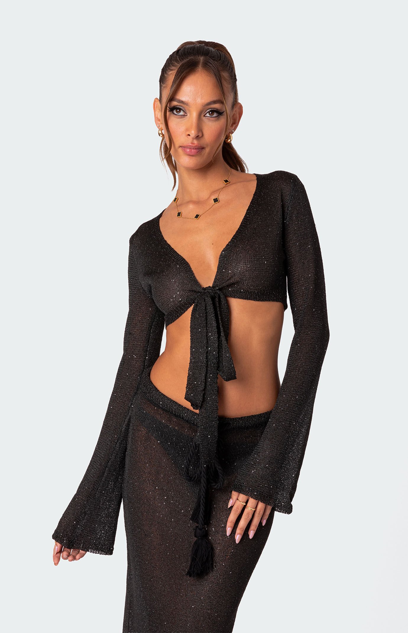 Edikted Micro Sequin Tie Front Knit Crop Top | PacSun