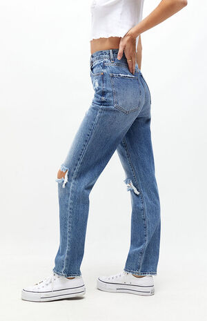 Eco Medium Blue Distressed Dad Jeans Eco Medium Blue Distressed Dad Jeans image number null