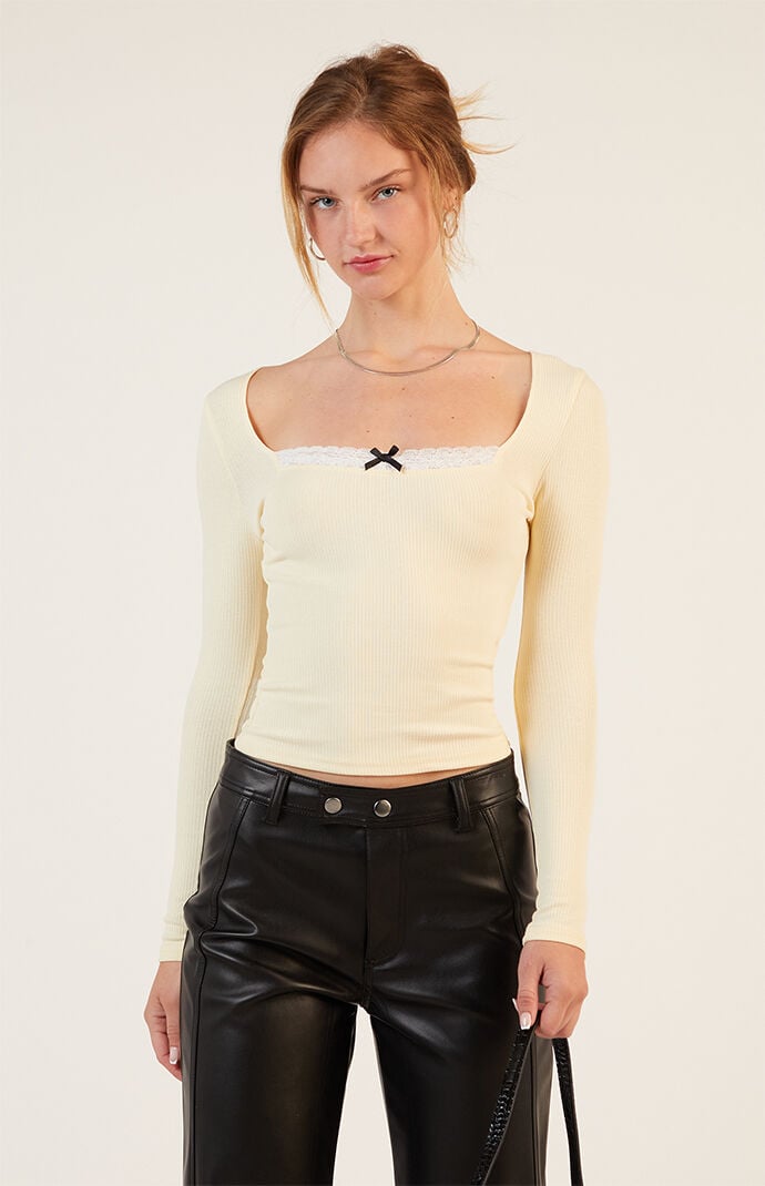 Image: Lace Trim Ribbed Long Sleeve Top