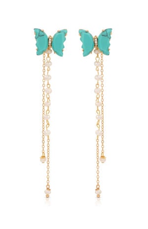 Turquoise Butterfly Pearl Chain Dangle Earrings image number 1