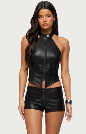 Diana Zip Up Faux Leather Halter Top image number 1