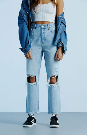 Eco Light Blue Ripped High Waisted Straight Leg Jeans image number 2