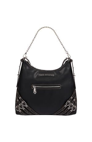 Black Triple Straps Large Faux Leather Hobo Bag image number 7