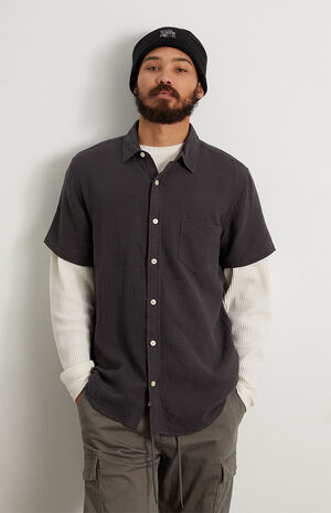 Black Textured Classic Cotton Camp Shirt image number 1