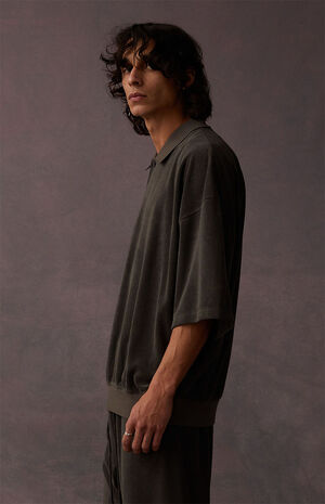 Off Black Terry Cloth Short Sleeve Polo Shirt image number 3