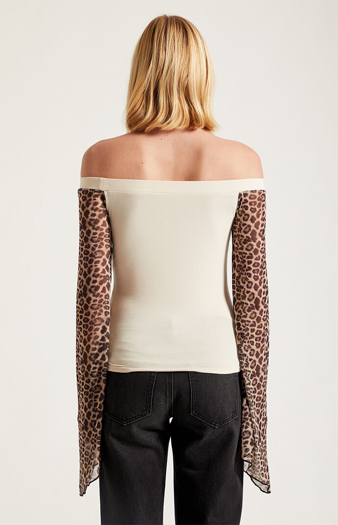 Third Charm Off-The-Shoulder Leopard Sleeve Top