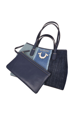 Frayed Denim Horseshoe Tote Bag image number 8