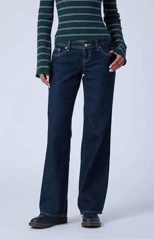 Sammy Ultimate Low Rise Straight Leg Jeans White Contrast Stitch Dark Blue image number 2
