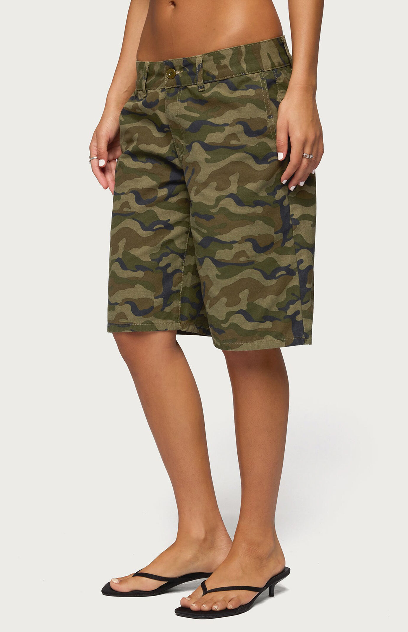 Edikted Camo Denim Low Rise Bermuda Shorts