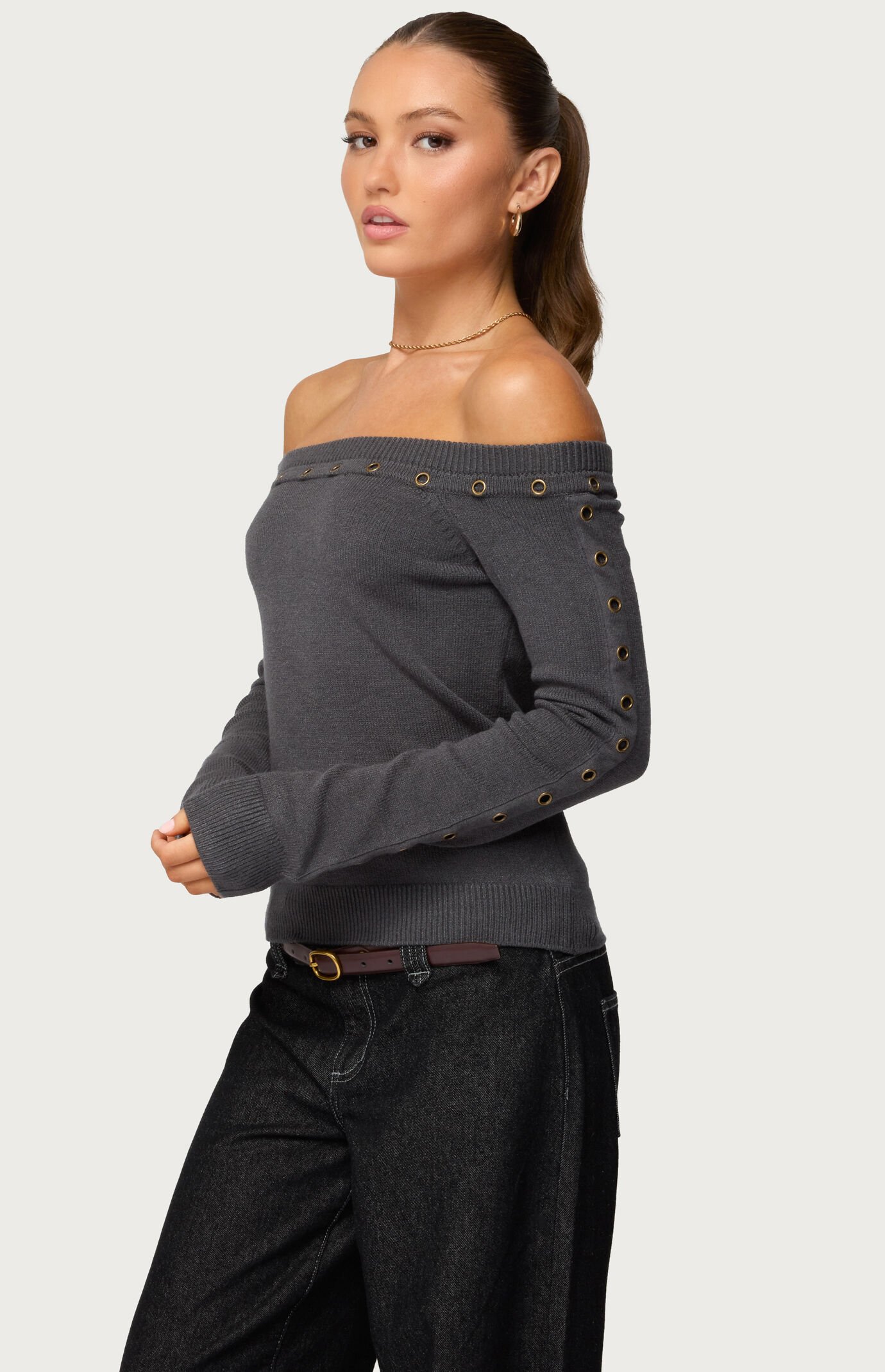 Edikted Morgen Grommet Off Shoulder Knit Top