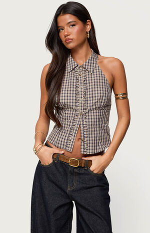 Imrie Plaid Collared Halter Top image number 1