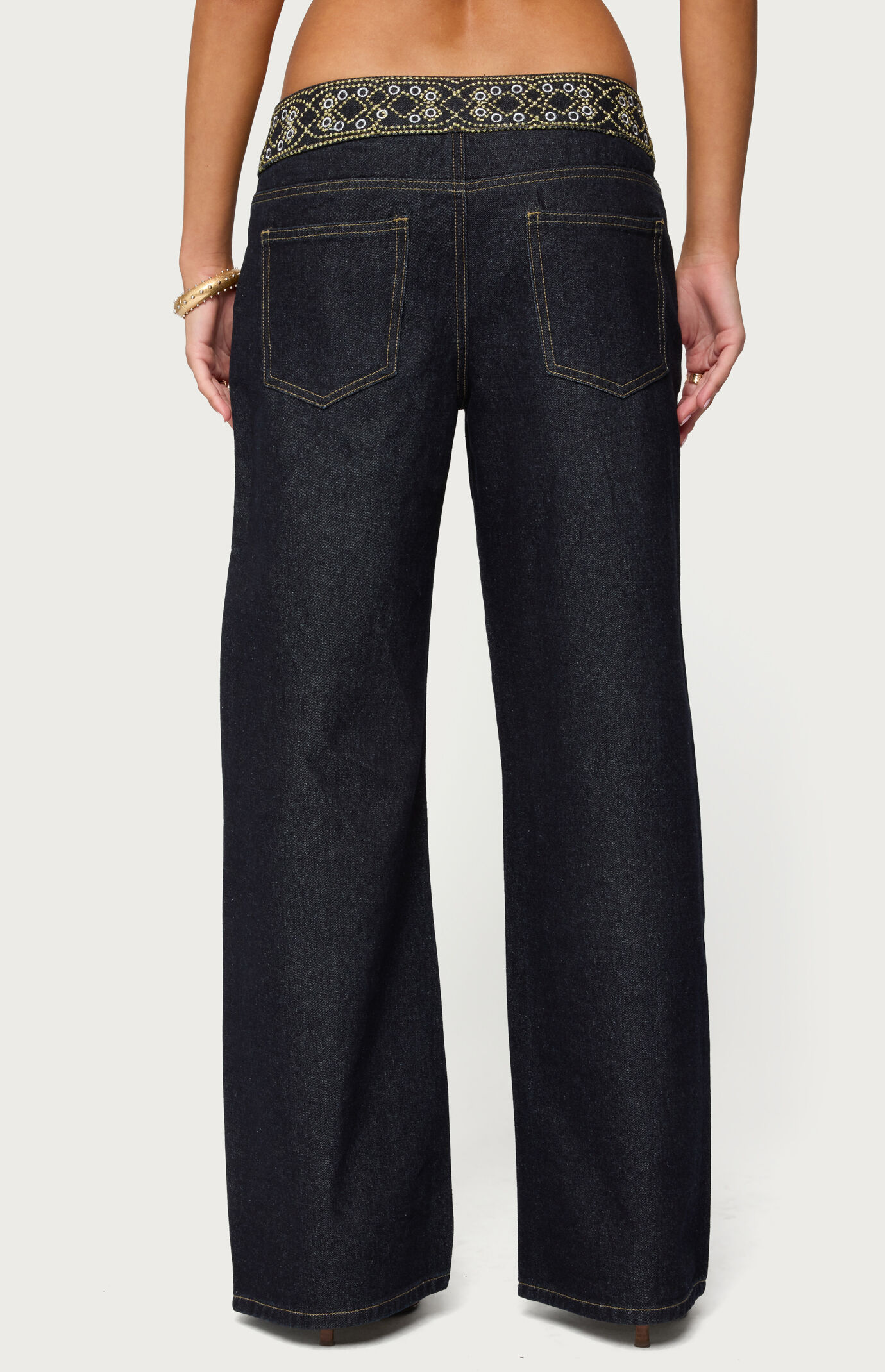 Edikted Carlie Embroidered Low Rise Wide Leg Jeans