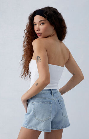 Light Indigo Glittery High Waisted Denim Festival Shorts image number 3