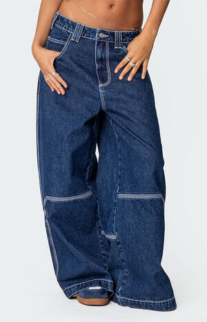 Super Wide Contrast Stitch Low Rise Jeans image number 2