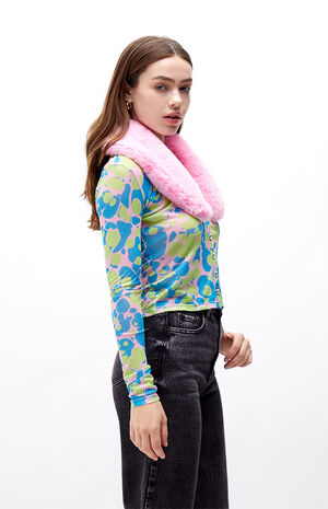 Recycled Fur Collar Button Front Mesh Top image number 3