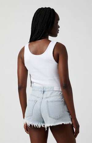 Light Indigo Ripped Button Fly High Waisted Denim Festival Shorts image number 4