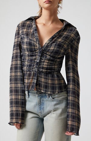 Sara Plaid Button Up Long Sleeve Top image number 2