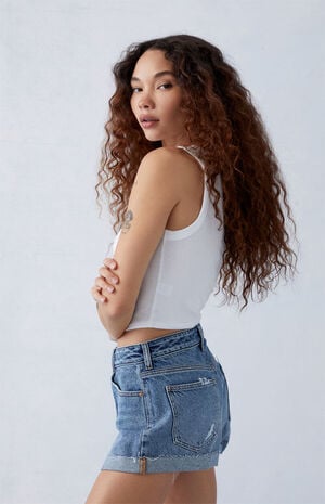 Eco Medium Indigo Roll Cuff Denim Mom Shorts image number 2