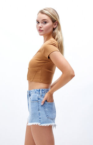 Light Blue Frayed High Waisted Denim Festival Shorts image number 2