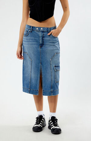 Medium Indigo Carpenter Cargo Denim Midi Skirt image number 2