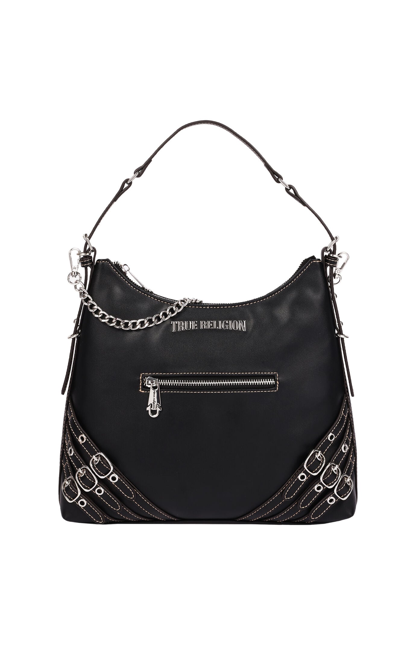 True Religion Black Triple Straps Large Faux Leather Hobo Bag