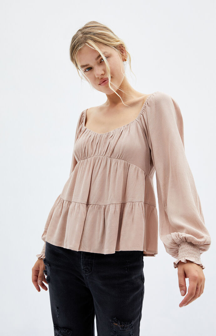 LA Hearts Long Sleeve Tiered Babydoll Top at