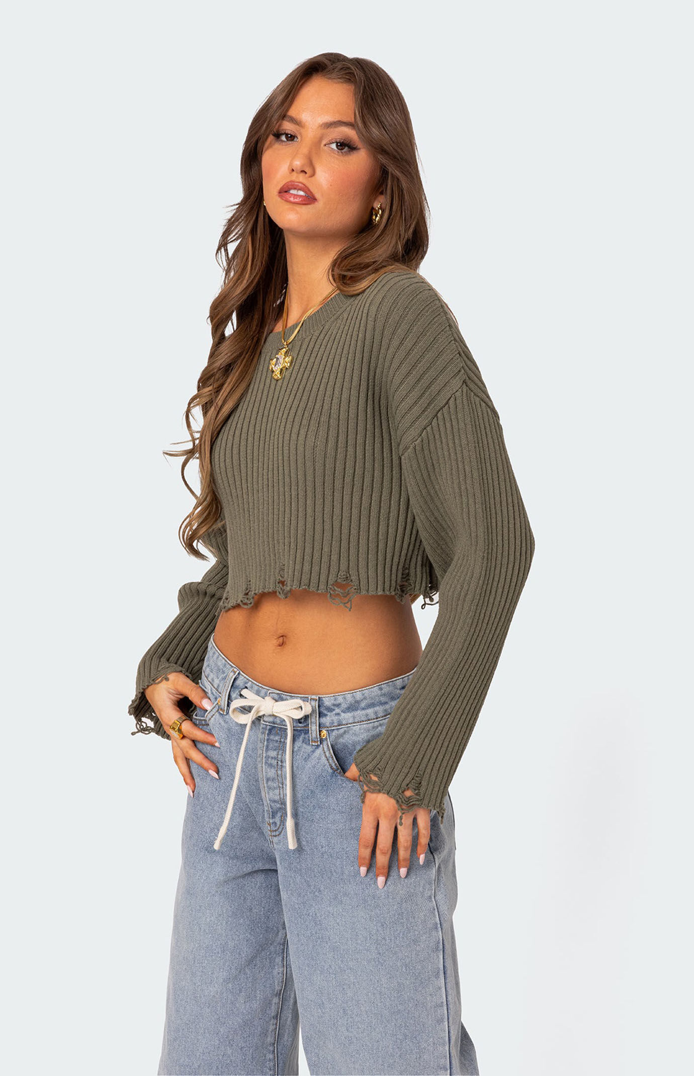 Edikted Distressed Hem Oversized Cropped Sweater | PacSun