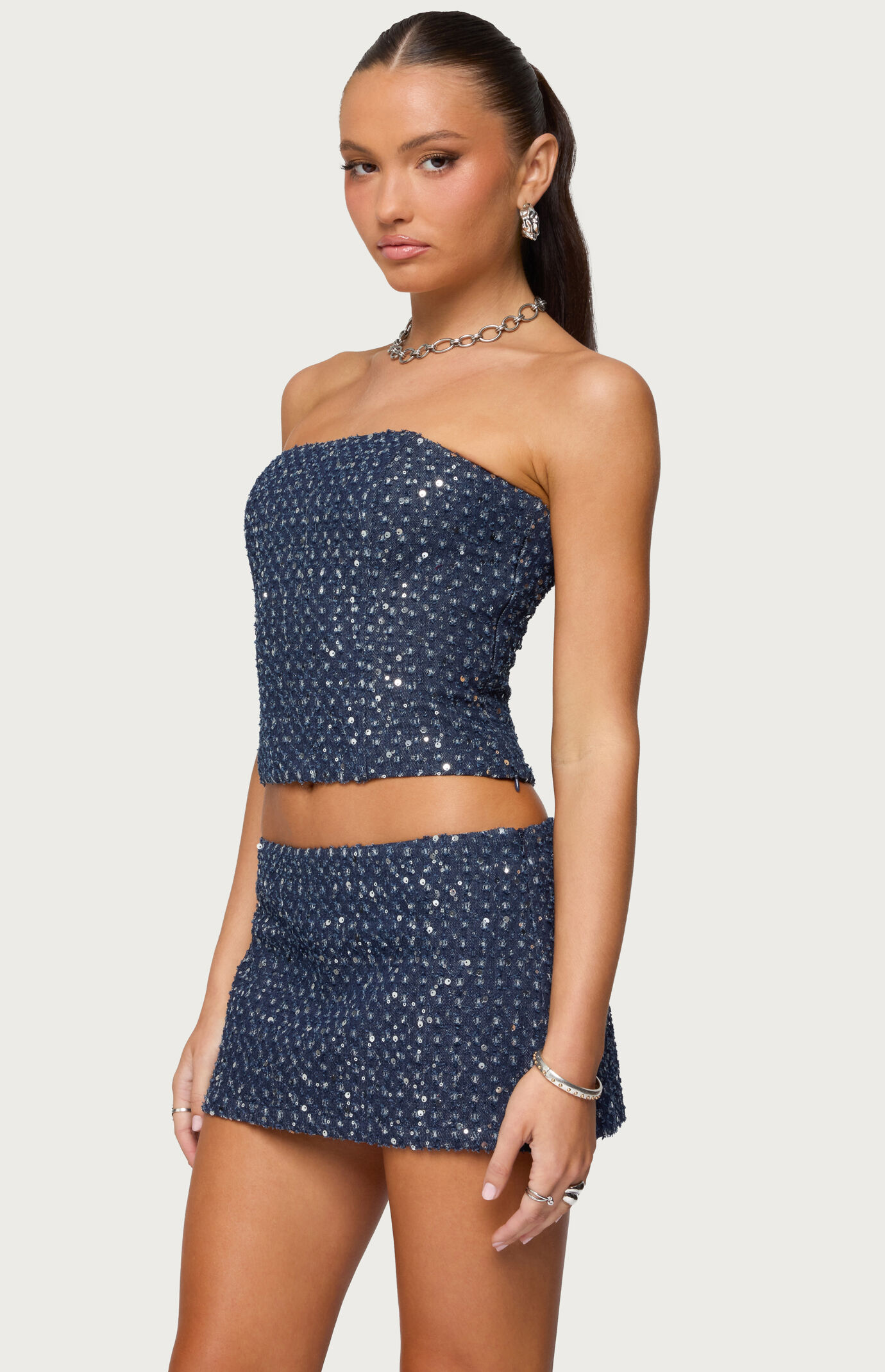 Edikted Sora Sequin Distressed Denim Corset